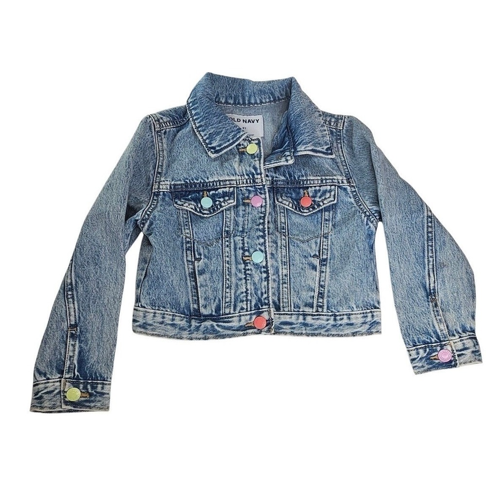 Old Navy Girls 5T Light Wash Denim Trucker Jacket Colorful Pastel Buttons